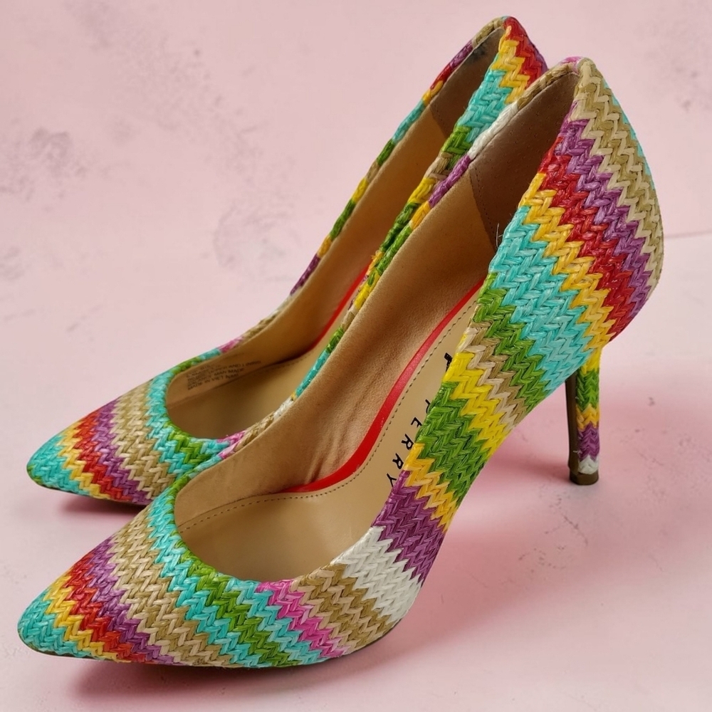 KATY PERRY  Sz 5.5 THE SISSY RAFFIA MULTI SCARLET POINTED TOE STILETTOS HEELS